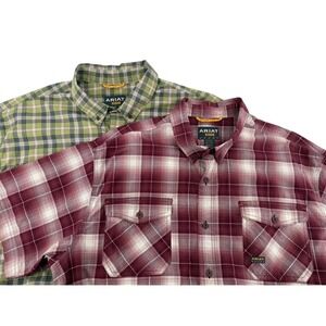 Ariat Rebar Mens XXL Short Sleeve Plaid Work Shirts Lot of 2 Burgundy Green